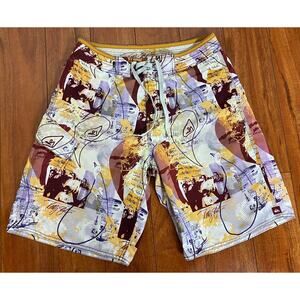 VTG Y2K Men Quiksilver Kelly Slate all-over graphic drawstring board swim shorts